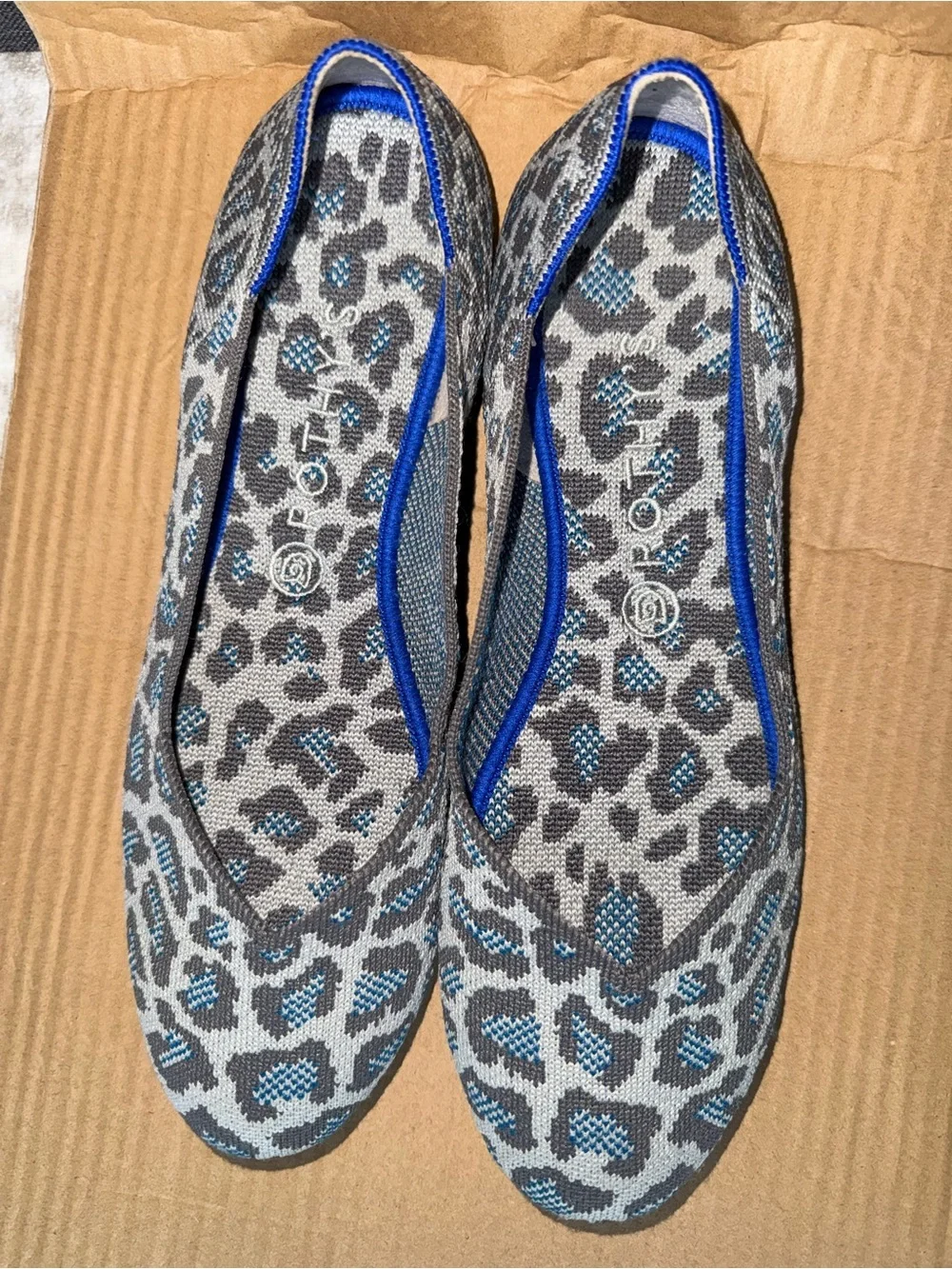 Rothy's Gray and Blue Leopard Print Slip-On Flats